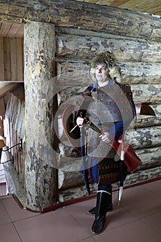 Tourist in medieval tatar leather armor