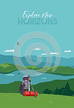 Tourist mountain hiking flat color vector poster