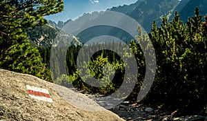 Tourist mountain trail sign on a rock near the path in High Tatra mountains, Slovakia, Europe