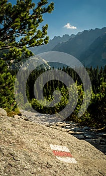 Tourist mountain trail sign on a rock near the path in High Tatra mountains, Slovakia, Europe