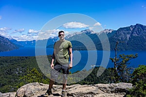 A tourist in the mountains and lakes of San Carlos de Bariloche, Argentina