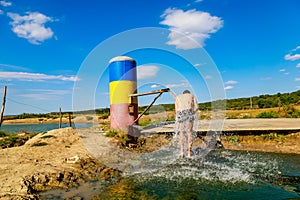 Tourist on natural thermal springs of mineral water. Background with copy space for text