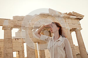 The tourist near the Acropolis of Athens, Greece