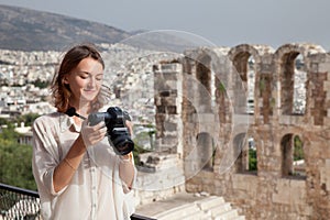 The tourist near the Acropolis of Athens, Greece