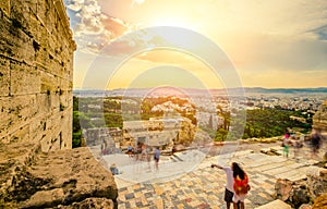 Tourist near the the entrance to Acropolis, Athens, Greece