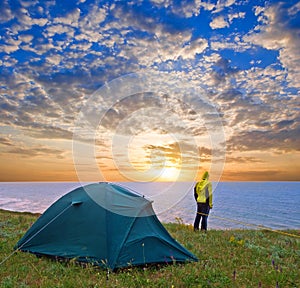 Tourist near a tent