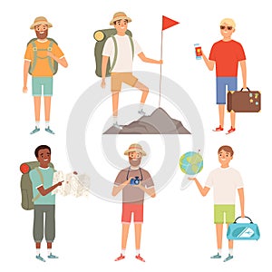 Tourist. Outdoor characters travellers hiking backpacker vector peoples adventure collection