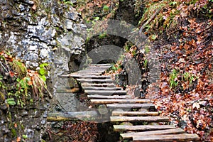 Turistický chodník z drevených rebríkov medzi skalami na Slovensku