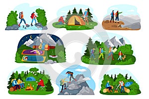 Tourist people camping, outdoor adventure vector illustration set, cartoon active flat camper characters with backpack