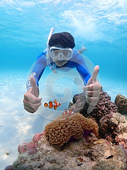 Tourist people diving with snorkel to see nemo fish , beautiful fish and coral at Samaesarn Island of Thailand