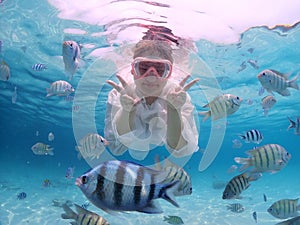 Tourist people diving with snorkel to see nemo fish , beautiful fish and coral at Samaesarn Island of Thailand