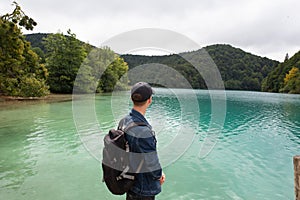 tourist people mountain river waterfall turquoise ecology