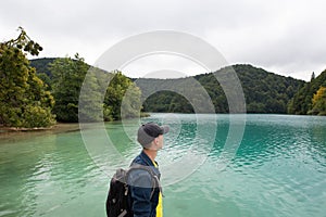 tourist people mountain river waterfall turquoise ecology