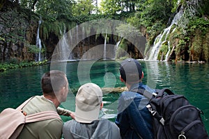 tourist people mountain river waterfall turquoise ecology