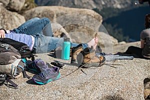 Tourist people resting in camp and dry the shoes after mountain hiking in yosemite national park.