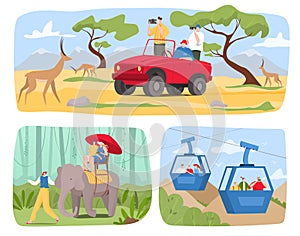 Tourist people travel in tour vector illustration set, cartoon flat traveler characters making photos of animals, riding