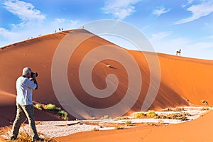 Tourist photographs orange dunes