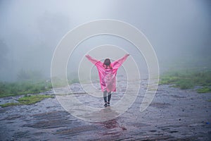 Tourist with pink rain coat Stand View the scenery natural beautiful touch fog at Phu Hin Rong Kla National Park. travel nature,