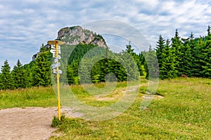 Turistický ukazovateľ umiestnený na lúke pri Malom Rozsutci v Slovenskom národnom parku Malá Fatra