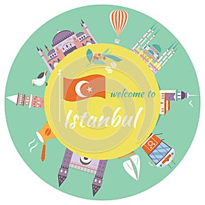 Tourist poster with famous destinations and landmarks of Istanbul