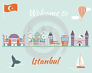 Tourist poster with famous destinations and landmarks of Istanbul