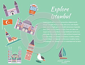 Tourist poster with famous destinations and landmarks of Istanbul.