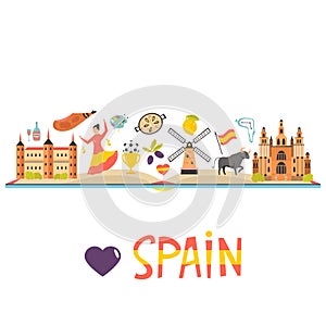 Tourist poster with famous destinations and landmarks of Spain. Explore Spain concept image