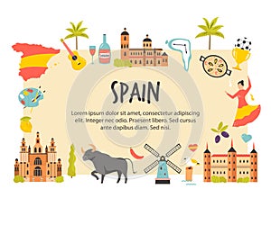 Tourist poster with famous destinations and landmarks of Spain. Explore Spain concept image