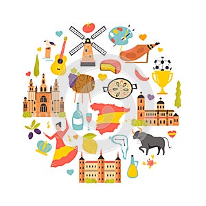 Tourist poster with famous destinations and landmarks of Spain. Explore Spain concept image