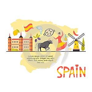 Tourist poster with famous destinations and landmarks of Spain. Explore Spain concept image
