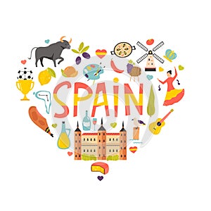 Tourist poster with famous destinations and landmarks of Spain. Explore Spain concept image