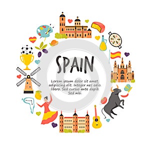 Tourist poster with famous destinations and landmarks of Spain. Explore Spain concept image