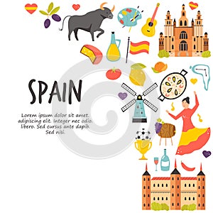 Tourist poster with famous destinations and landmarks of Spain. Explore Spain concept image