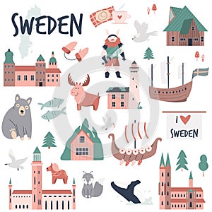 Tourist poster with famous destinations and landmarks of Sweden. Explore Sweden concept image