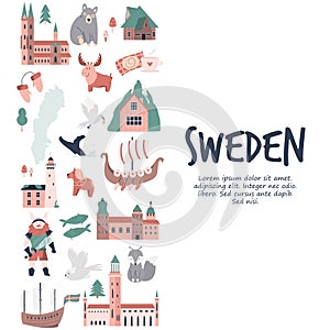 Tourist poster with famous destinations and landmarks of Sweden. Explore Sweden concept image