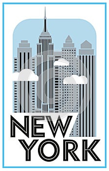 Tourist poster New York. Retro grafica. Skyscrapers and clouds