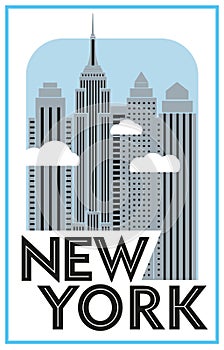 Tourist poster New York. Retro grafica. Skyscrapers and clouds photo