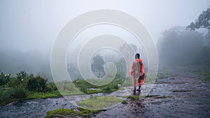 Tourist with rain coat walking travel adventure nature in the rain forest at Phu Hin Rong Kla National Park. travel nature, Travel