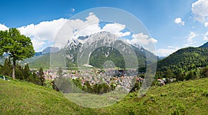 Tourist resort Mittenwald and Karwendel mountains, view from lookout point, upper bavaria