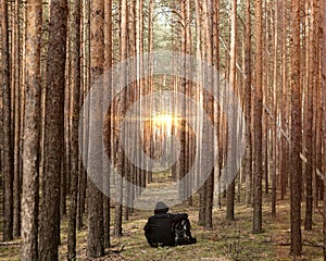 Tourist resting in the forest. Traveler man hugs a backpack and looks in the Sun. Camping scene outdoors. Copy space