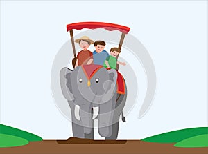 Tourist riding elephant acros the river, holiday travel with family in asian. cartoon flat illustration vector