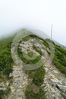 Tourist route in fog in National park Mala Fatra