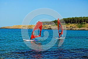 Tourist are sailing on the sea, Surfers.