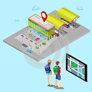 Tourist Searching Bus Station with Help of Mobile Navigation on Tablet. Isometric City