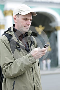 Tourist send SMS in St. Petersburg