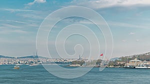 Tourist ship and ferris traffic on Bosphorus timelapse view from Galata Bridge in Istanbul, Turkey