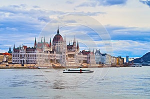 The tourist ships on Danube River against Parliament, Budapest, Hungary