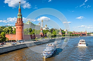 Tourist ships sail past to Moscow Kremlin, Russia
