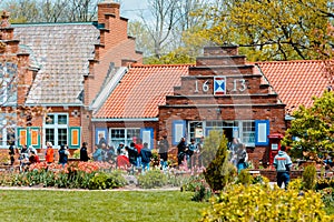 Tourist shops on windmill island in Holland Michigan during tulip time