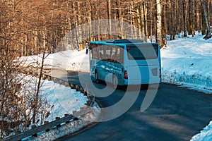 Tourist shuttle bus on the road through wooded landscape in winter